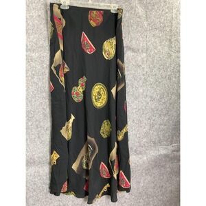 Harari Vintage Silk Maxi Skirt Black Dragon Vase Print Asian Boho 1X Size